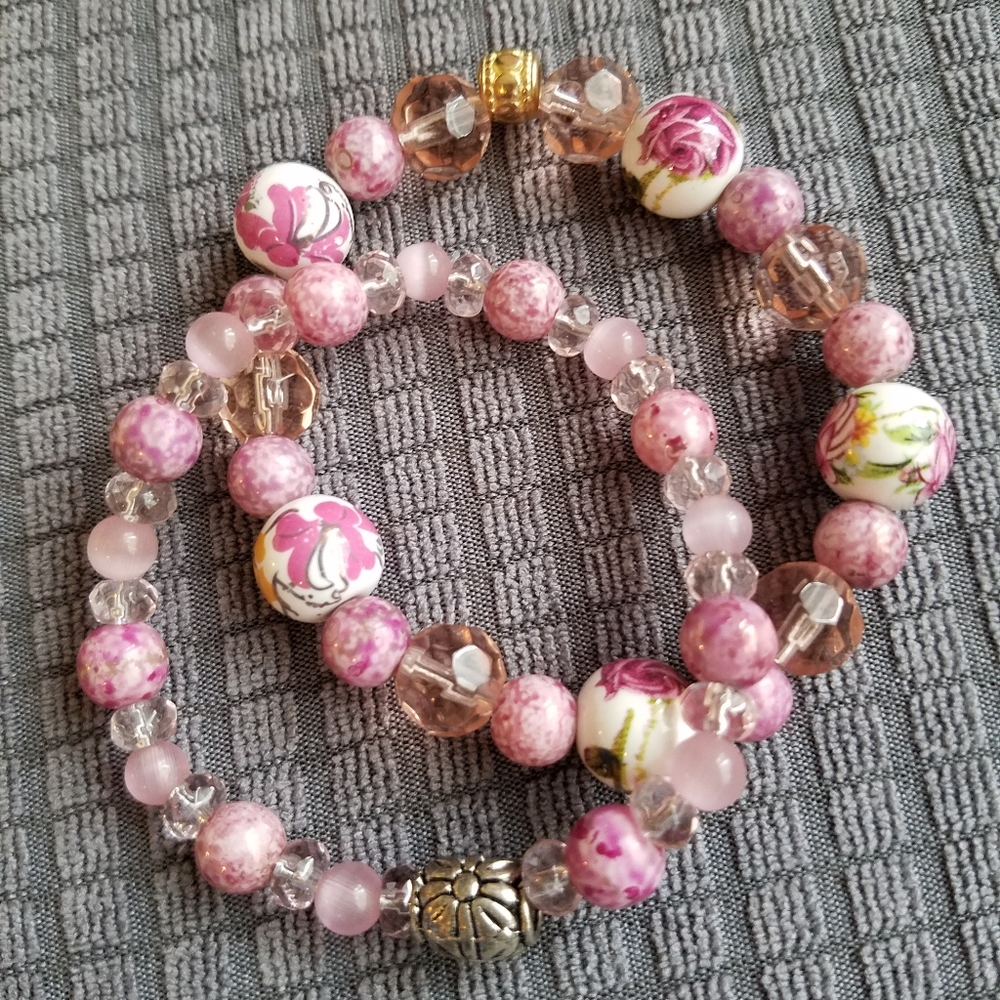 Handmade Pink Beaded Stretch Bracelets - Set of 2